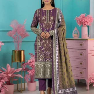 Purple Printed 3 Pcs Women's Dobby Lawn Suit