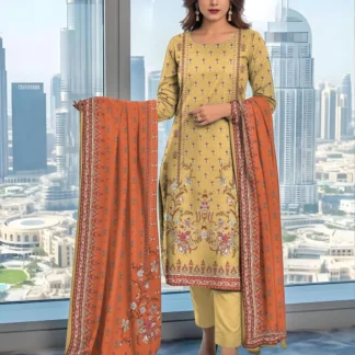 Golden Printed 3-Piece Dobby Lawn Suit for Women