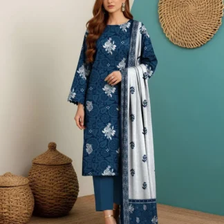 3 Piece Printed Blue Floral Dobby Lawn Suit for Women