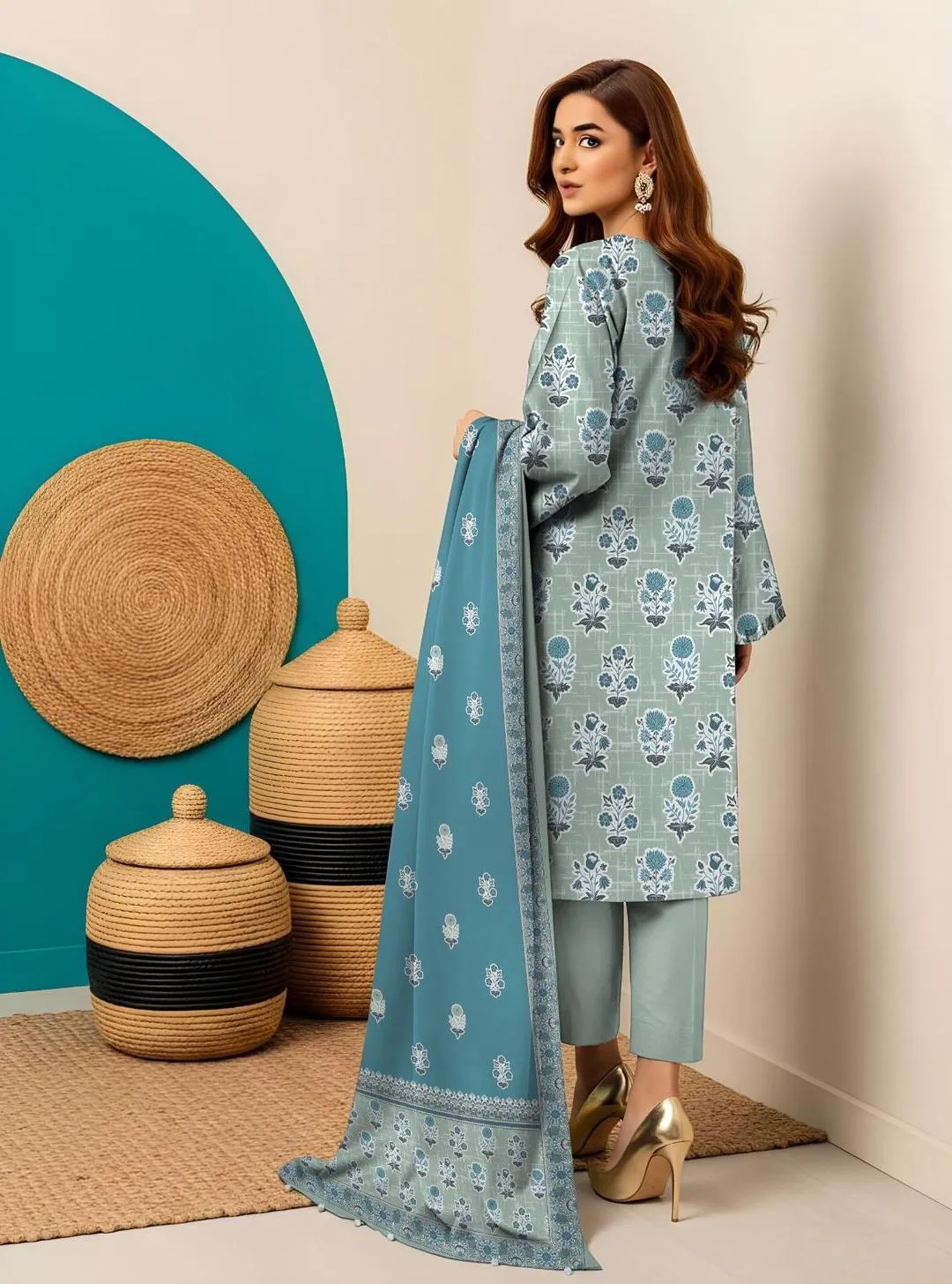 Unstitched Printed Suit Set Dobby Lawn Blue Green - Image 2