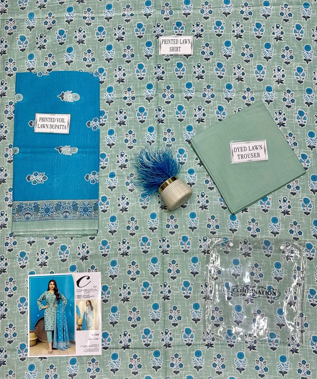 Unstitched Printed Suit Set Dobby Lawn Blue Green - Image 3
