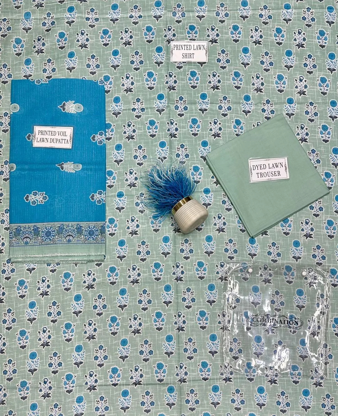 Unstitched Printed Suit Set Dobby Lawn Blue Green - Image 4