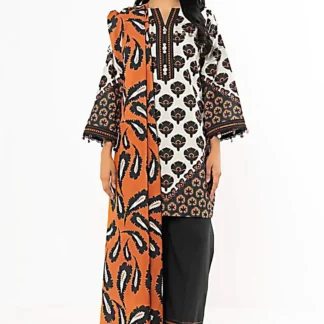 Unstitched Printed Suit Orange Black Paisley Dobby Lawn 3Pc