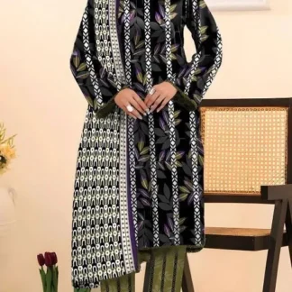 3 Piece Printed Dobby Lawn Suit Black White Purple Eid Wedding Wear