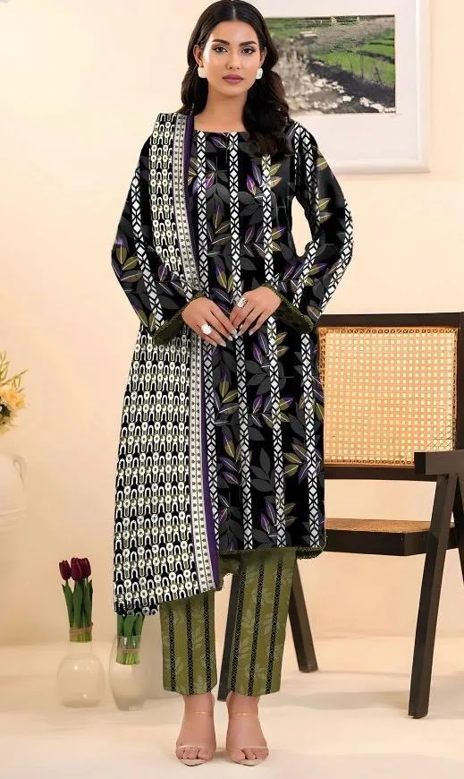 3 Piece Printed Dobby Lawn Suit Black White Purple Eid Wedding Wear