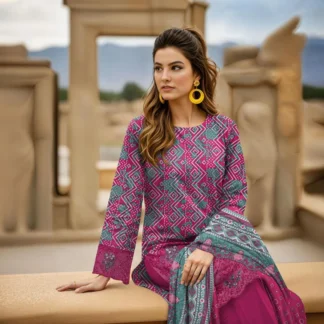 Unstitched Printed Lawn Suit Pink Teal Geometric Eid Party Wear