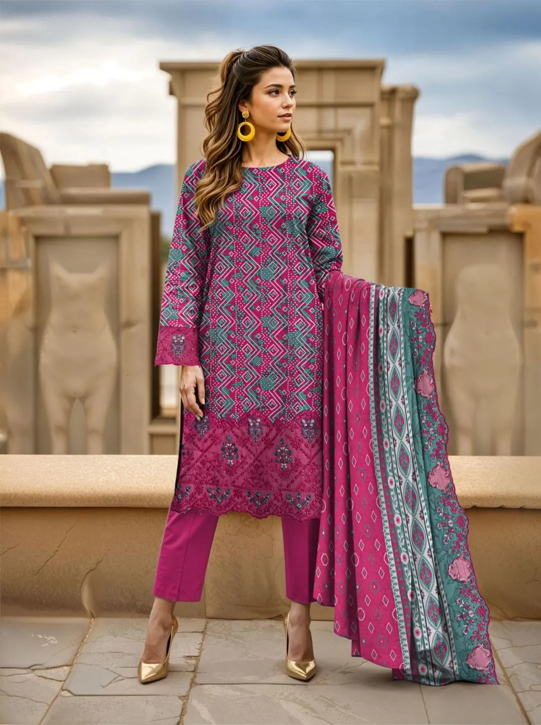 Unstitched Printed Lawn Suit Pink Teal Geometric Eid Party Wear - Image 2