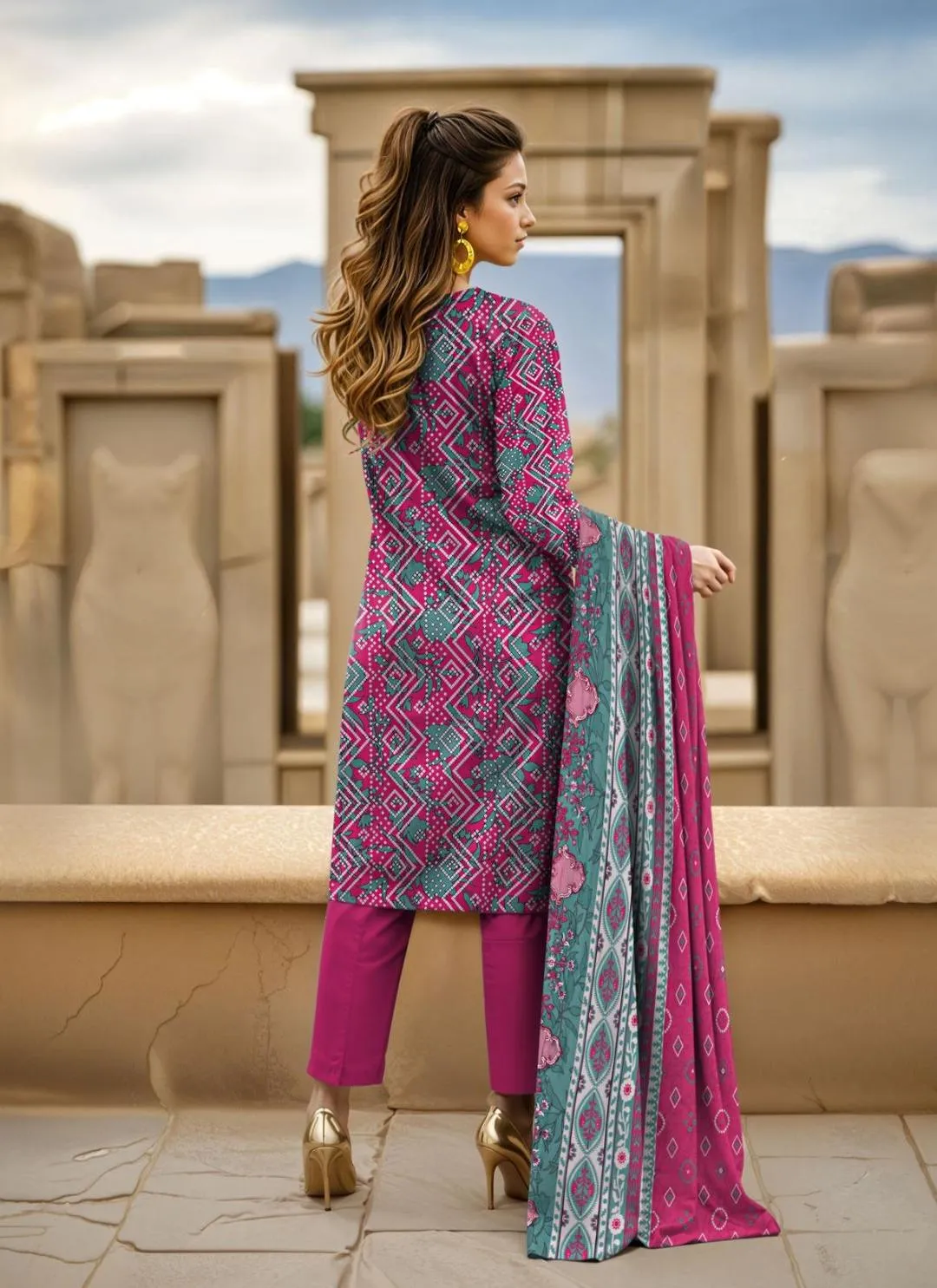 Unstitched Printed Lawn Suit Pink Teal Geometric Eid Party Wear - Image 3
