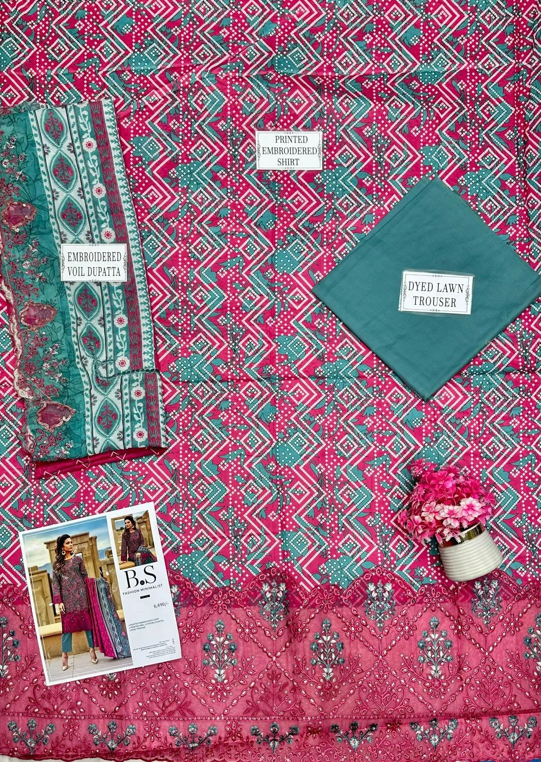 Unstitched Printed Lawn Suit Pink Teal Geometric Eid Party Wear - Image 4