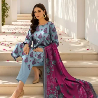 3-Piece Printed Lawn Suit with Magenta Dupatta for Women
