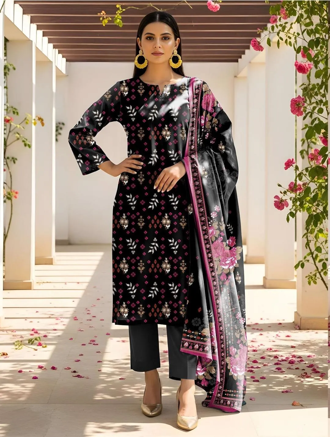 Black Printed Lawn 3-Piece Suit for Women - Image 2
