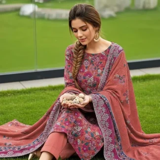 Unstitched Printed Lawn Suit Orange Bridal Party Wear