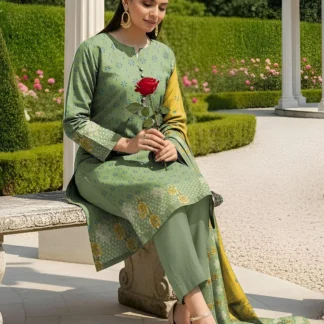 Green Printed 3-Piece Dobby Lawn Suit for Women