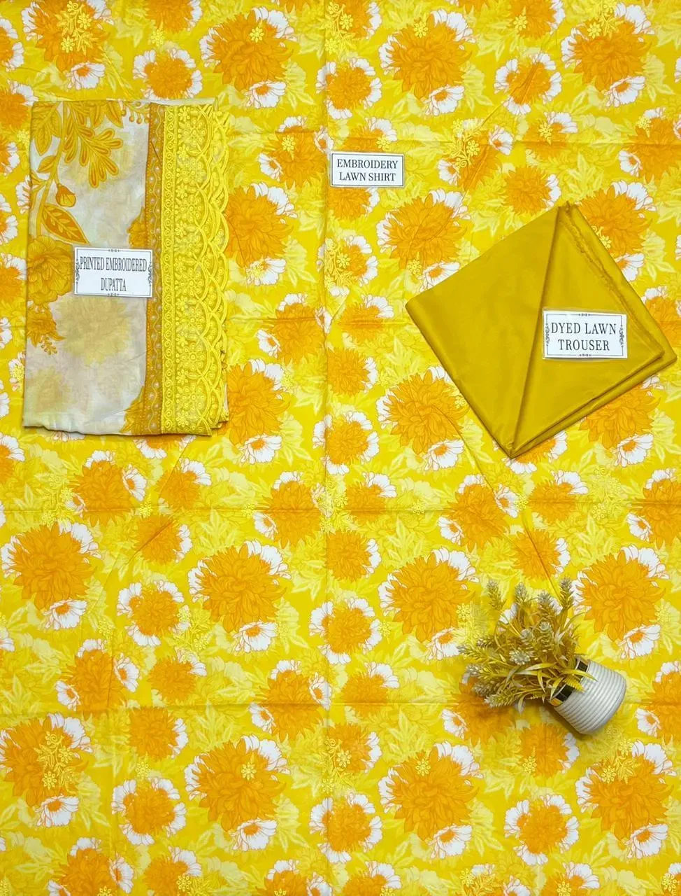Yellow Printed Lawn 3-Piece Embroidered Suit - Image 4
