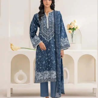 Blue Printed Dobby Lawn 3Pcs Kurta Set