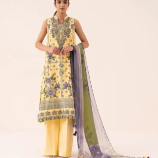Yellow Printed Dobby Lawn 3Pcs Suit Set