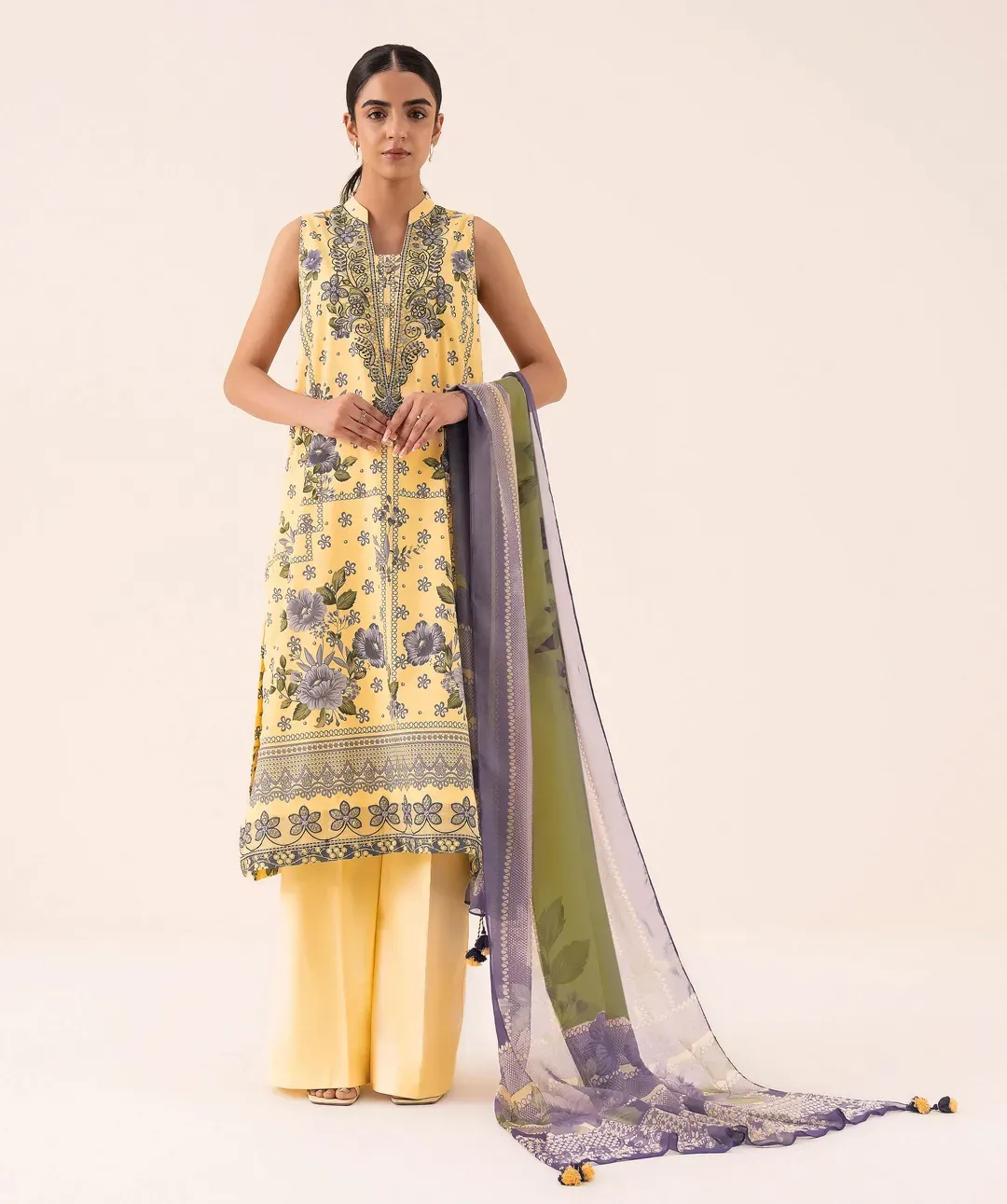 Yellow Printed Dobby Lawn 3Pcs Suit Set