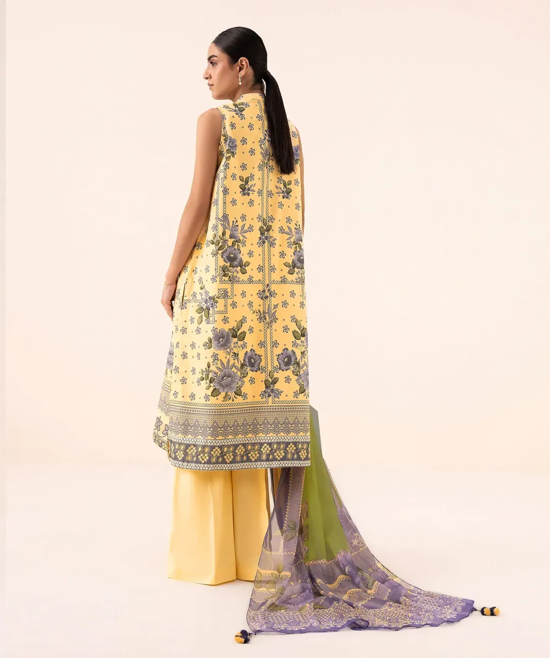 Yellow Printed Dobby Lawn 3Pcs Suit Set - Image 2