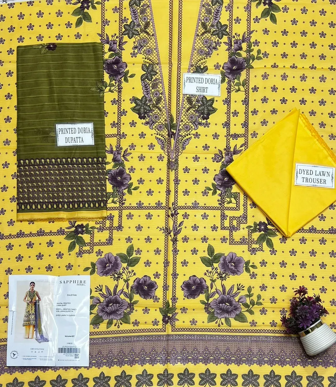 Yellow Printed Dobby Lawn 3Pcs Suit Set - Image 3