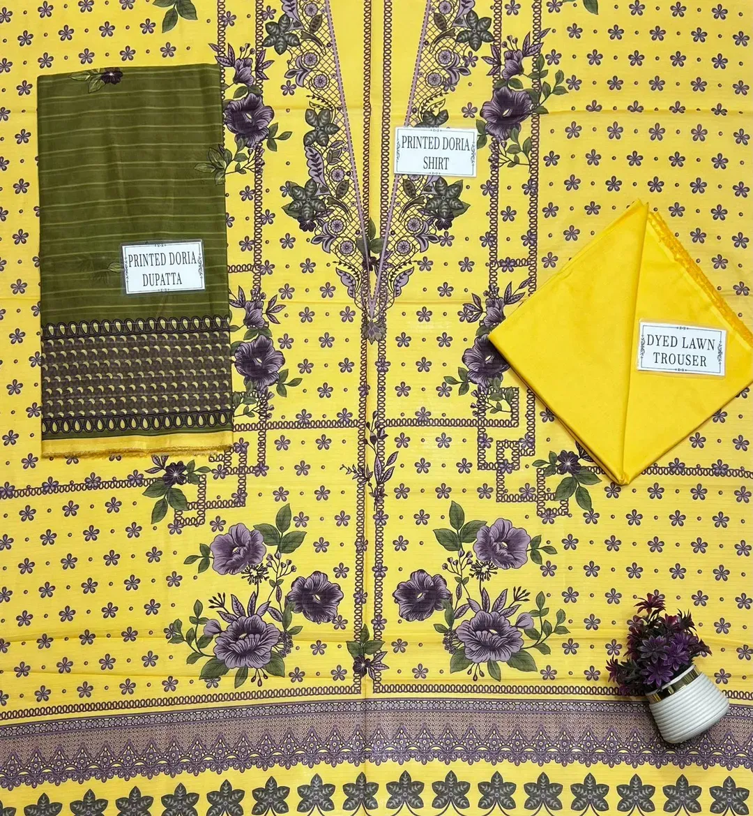 Yellow Printed Dobby Lawn 3Pcs Suit Set - Image 4