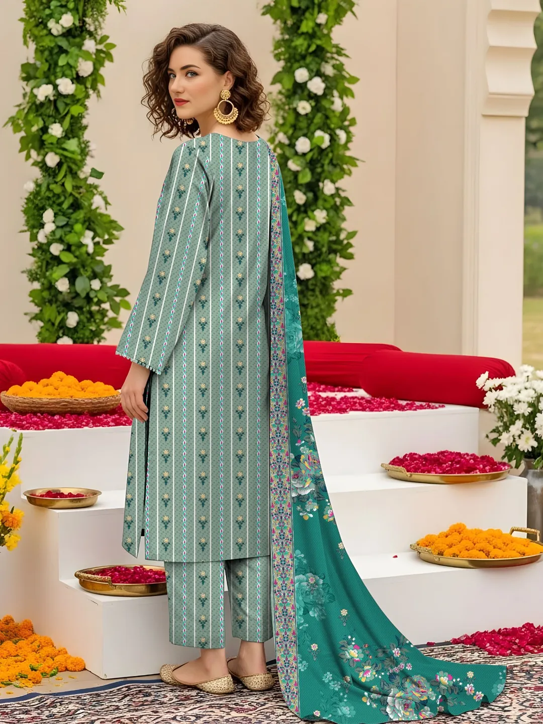 Women's 3-Piece Printed Lawn Suit Green - Image 2