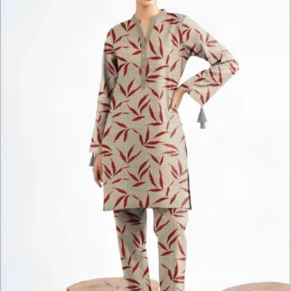Modern Pakistani Women Leaf Print Khaddar Suit Red Off White