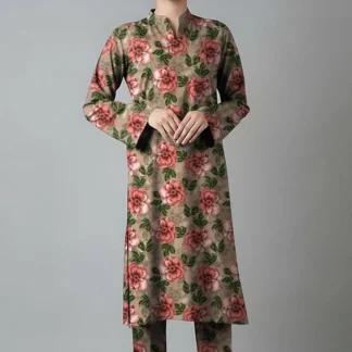 Women Unstitched Floral Printed Suit Grey Pink Green Dobby Lawn