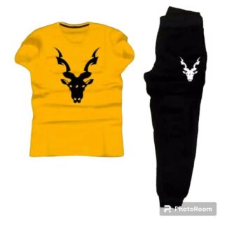 Men Printed Deer Head Track Suit Yellow Black Polyester