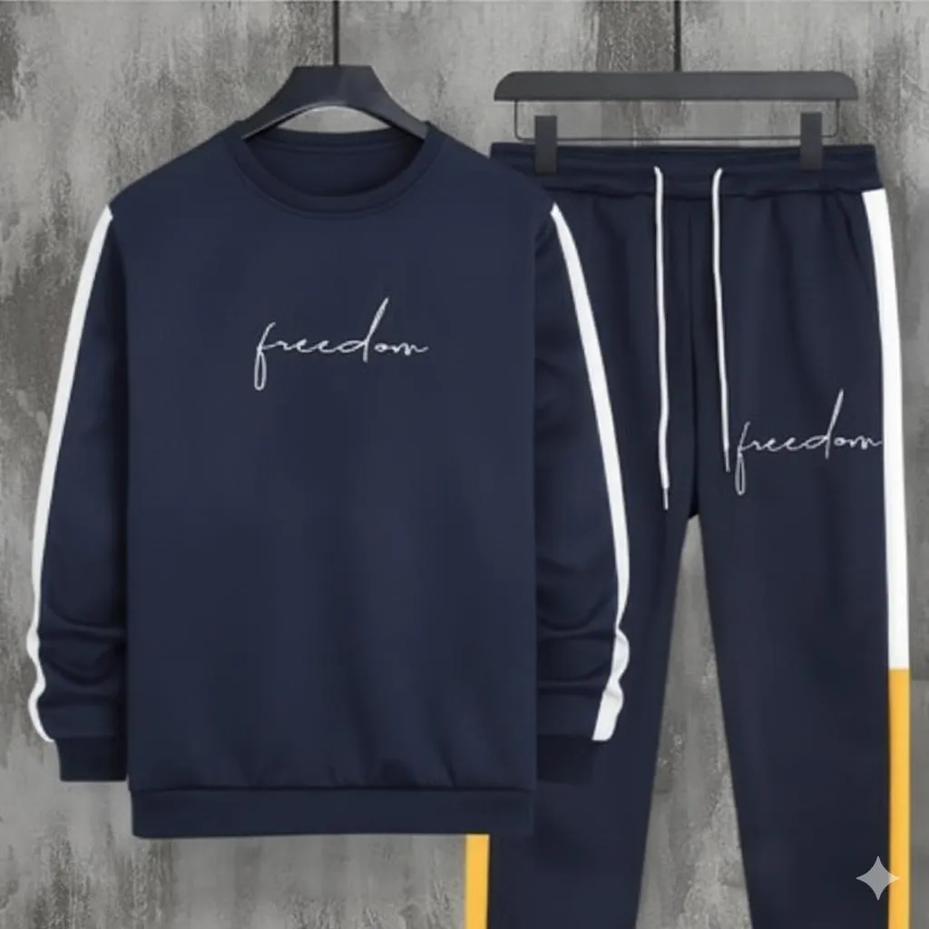 Men Fleece Track Suit Navy Blue White Stripes Winter Warm