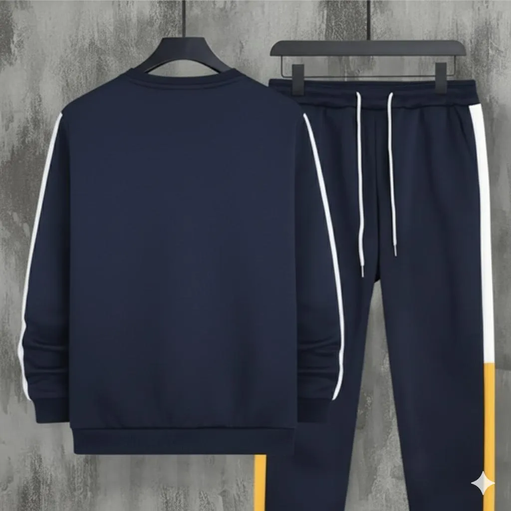 Men Fleece Track Suit Navy Blue White Stripes Winter Warm - Image 2