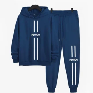 Men Printed Polyester Hoodie Track Suit Blue XL