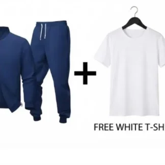 Men Fleece Zipper Track Suit Blue White T-Shirt Set