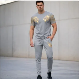 Men Silver Lion Printed Track Suit 2Pcs Slim Fit