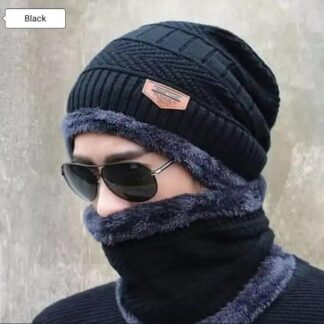 Black Wool Textured Beanie & Neck Warmer Set
