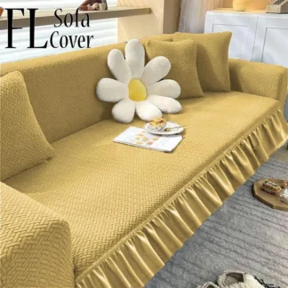 6 Seater Velvet Sofa Cover Yellow Ruffled Jersey