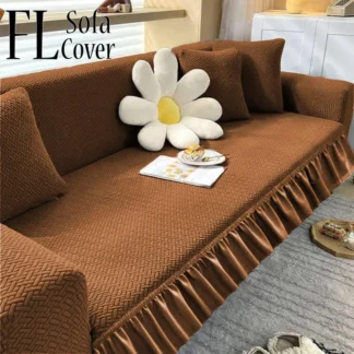 Premium Quality 6 Seater Sofa Cover Brown Velvet Ruffled