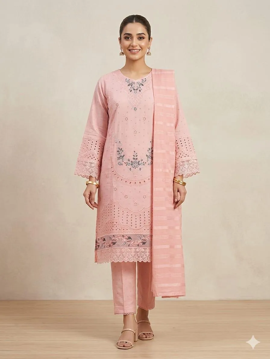 Pakistani Pink Embroidered Kurta Set with Shawl
