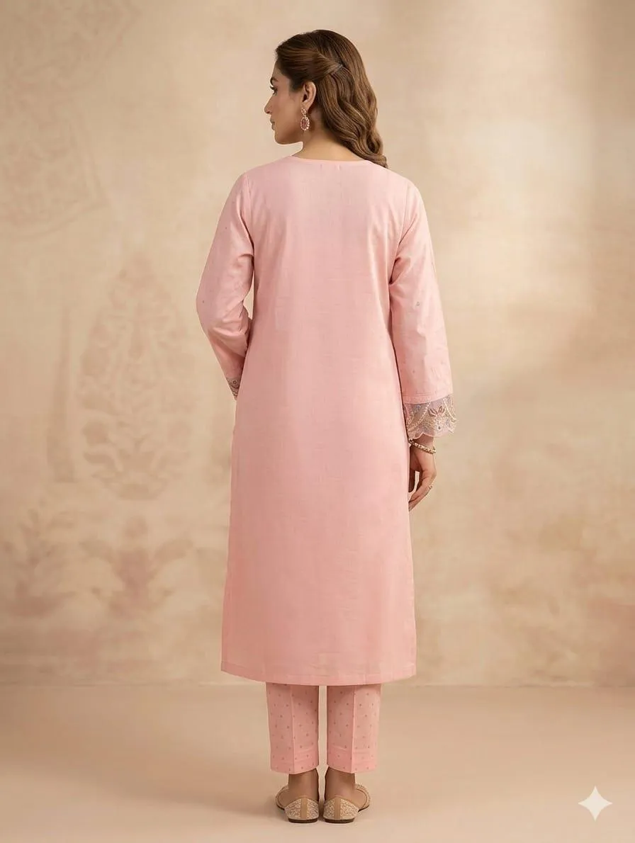 Pakistani Pink Embroidered Kurta Set with Shawl - Image 2