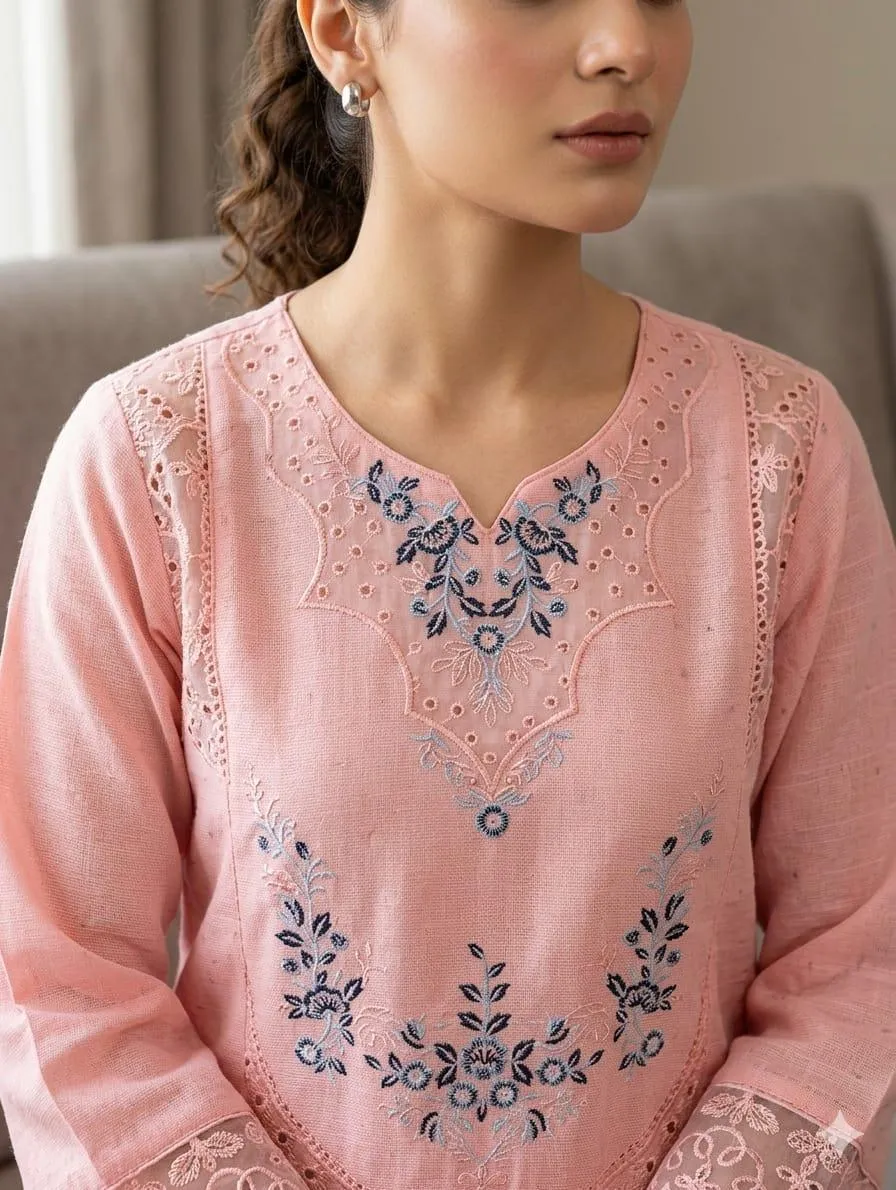 Pakistani Pink Embroidered Kurta Set with Shawl - Image 3