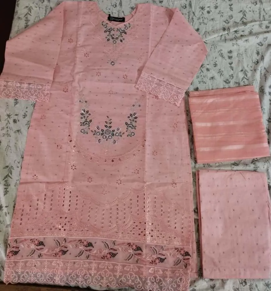 Pakistani Pink Embroidered Kurta Set with Shawl - Image 4