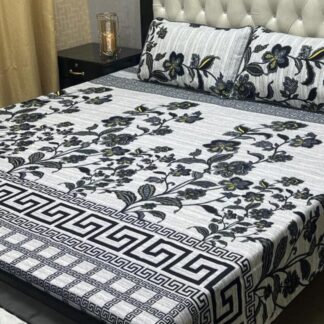 Double Bedsheet Set Black Floral Greek Key White Crystal Cotton
