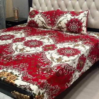 Red Floral Crystal Cotton Double Bedsheet Set