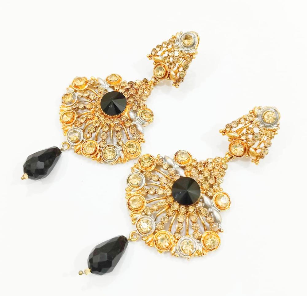 Traditional Gold Plated Earrings with Black Zircon Stones - Image 2