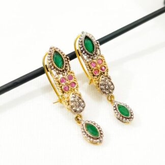 Earrings with Green Emeralds & Pink Stones Gold Tones