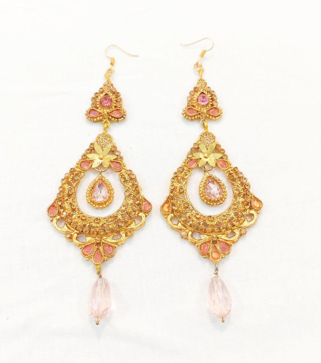 Pink Earrings with Filigree & Crystal Design - Image 2