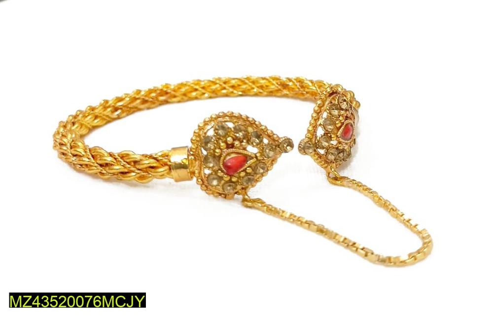 Gold Plated Kara Bangle with Red Stone Accents