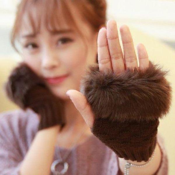 Women Wool Fingerless Gloves Brown Winter Warm