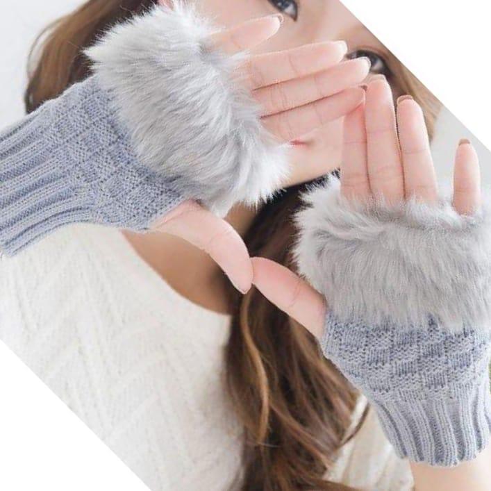 Wool Fingerless Gloves Grey Faux Fur Cuff Winter Warm