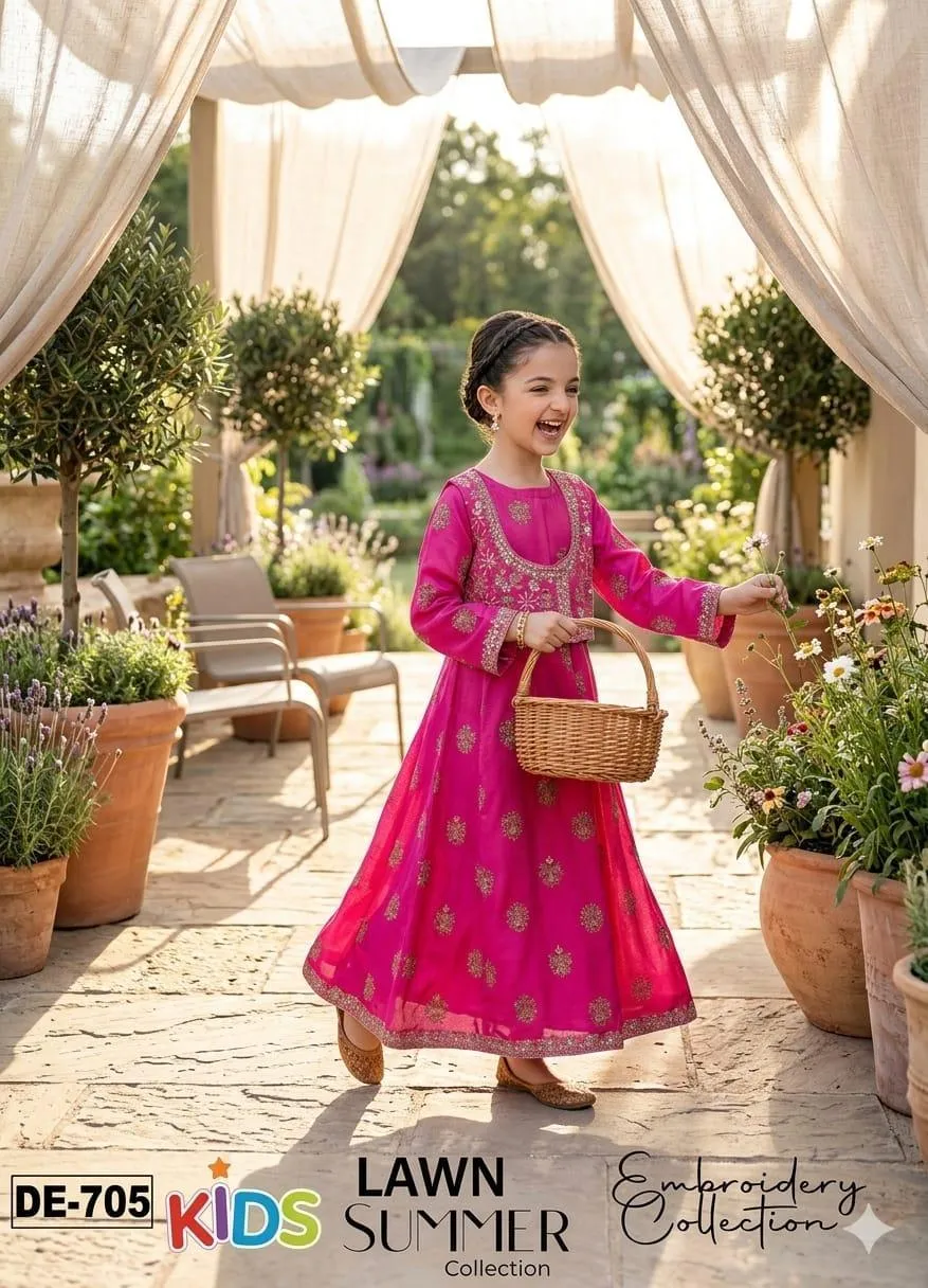 Pink Embroidered Lawn Kids Suit 3Pcs 3-10Yrs