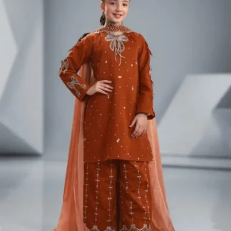 Brown Embroidered Girl's Lawn 3Pcs Set 3-10Yrs